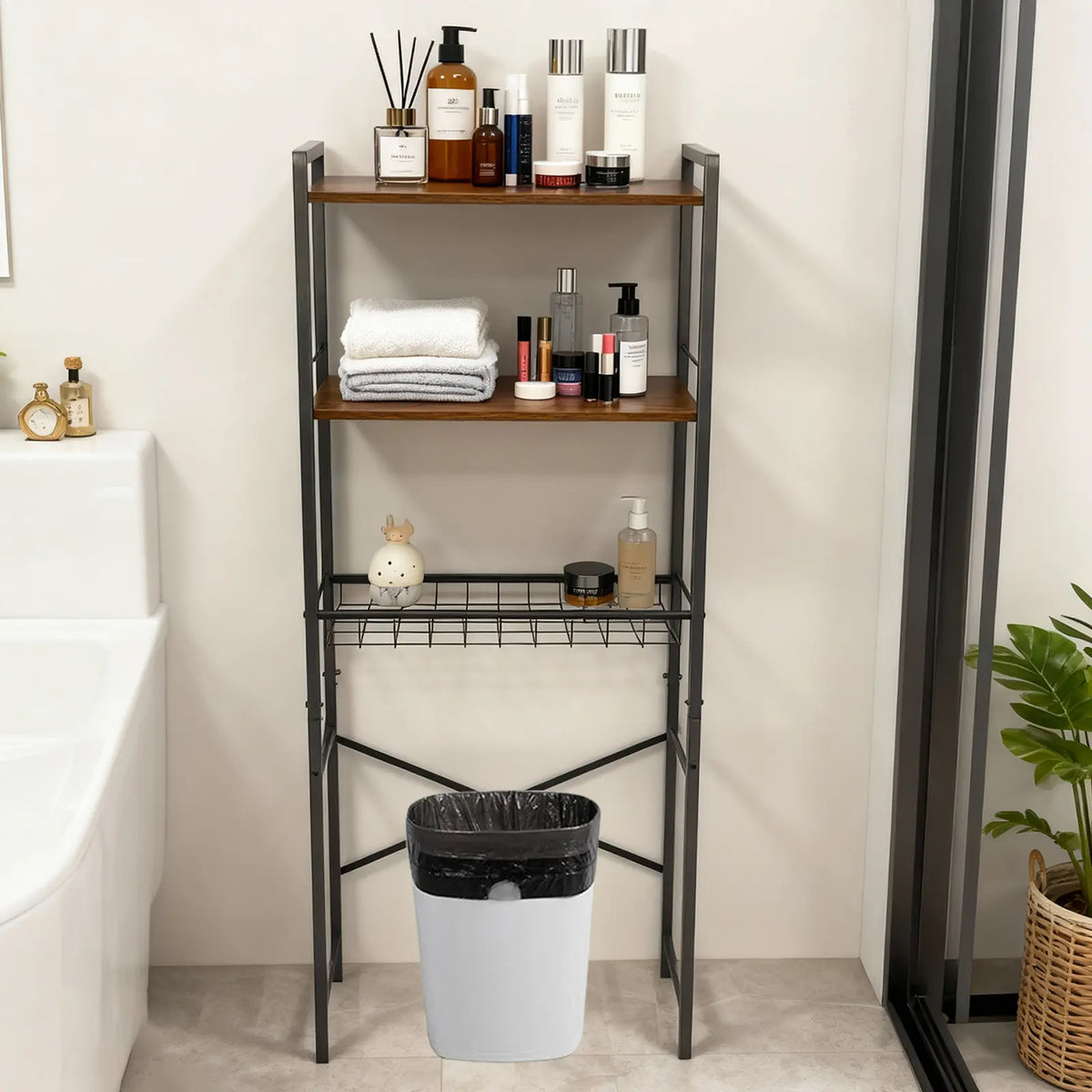 3-Tier Over-The-Toilet Organizer Shelves - 3tier Quick Access Space Saver Rack with Toilet Paper Holder, Hooks, Adjustable Design for Indoor Home Bathroom Storage Solution