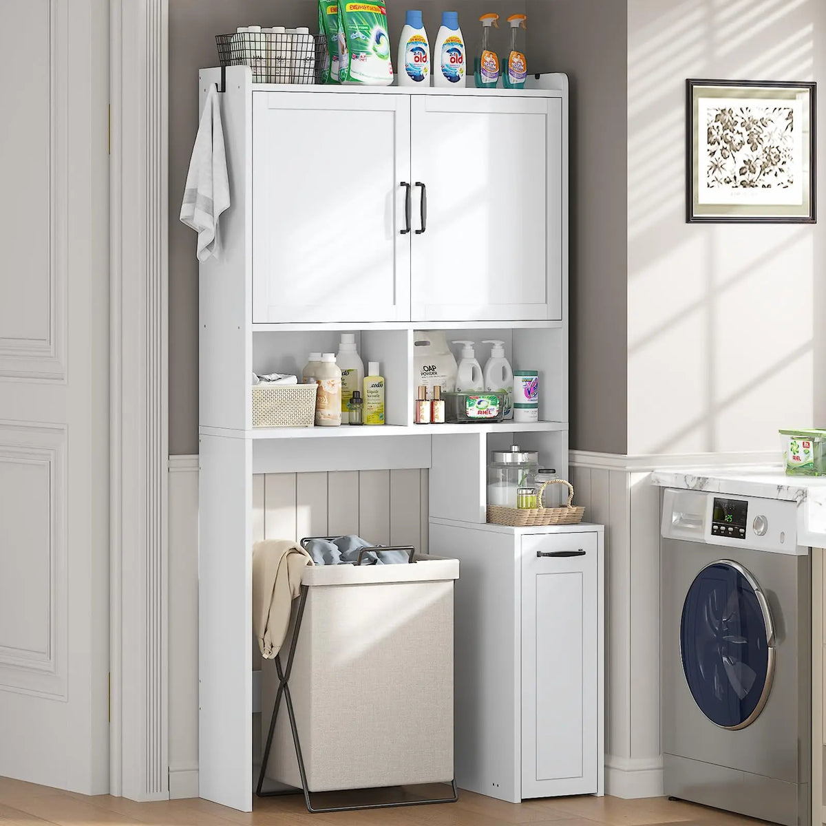 Over The Toilet Storage Cabinet with Pulley Bathroom Storage Cabinet, Space Saver W/Adjustable Shelf & Open Shelf for Bathroom, Restroom, Laundry (White)
