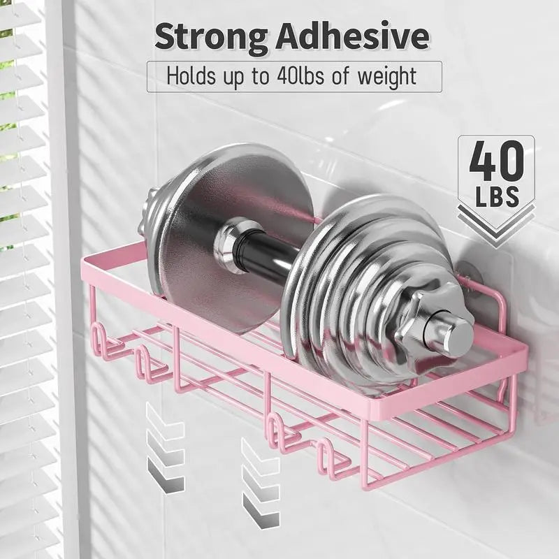 Pink Iron No-Drill Wall-Mount Bathroom Organizer Storage Set, 2026 New Year Gift Home Essential, Triangular Shelf with Toiletries Holders & Suction Cup Shower Organizer