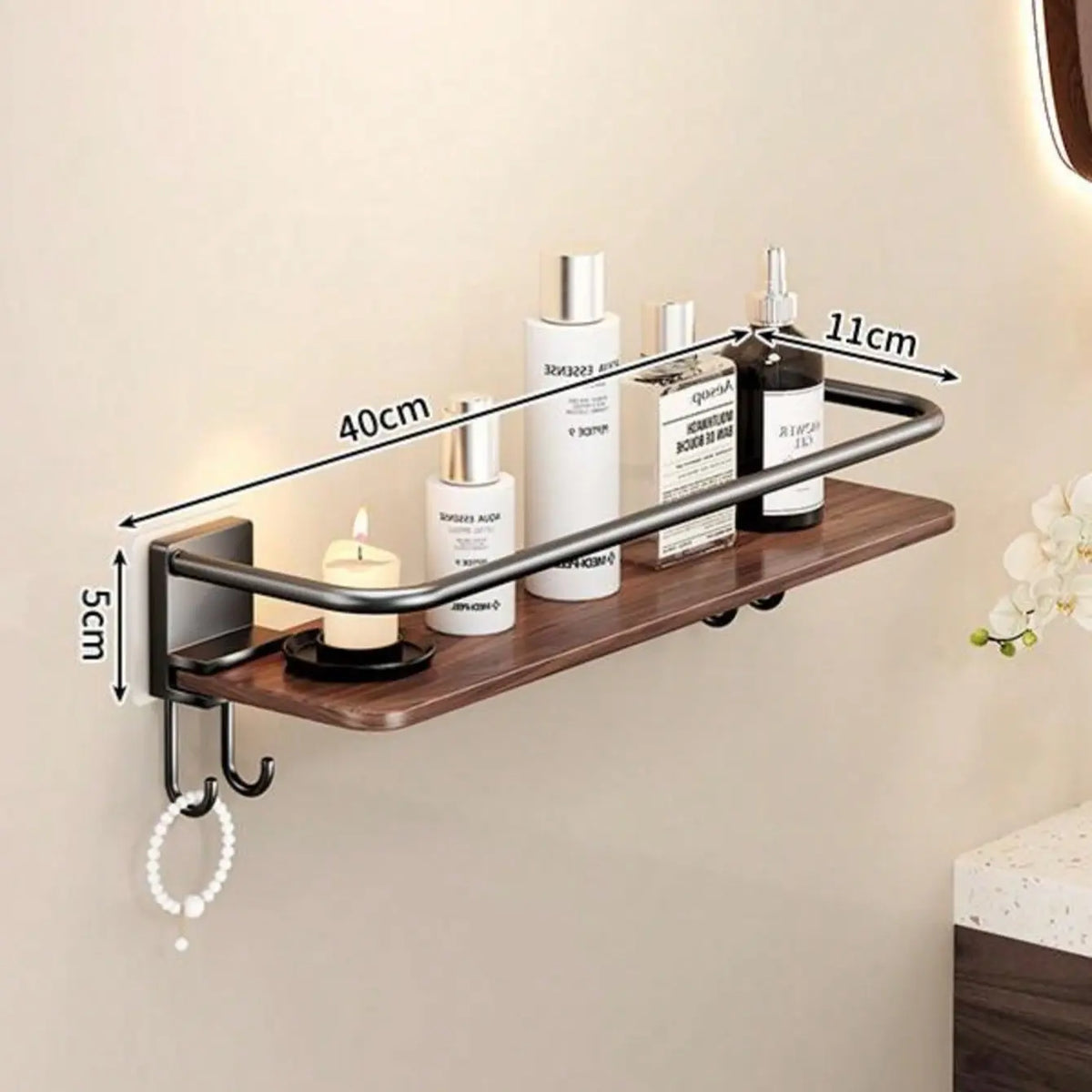 Wall-Mounted Bathroom Shelf, No-Drill Wood Grain Storage Rack, with Hooks for Towels and Toiletries, Space-Saving Organizer