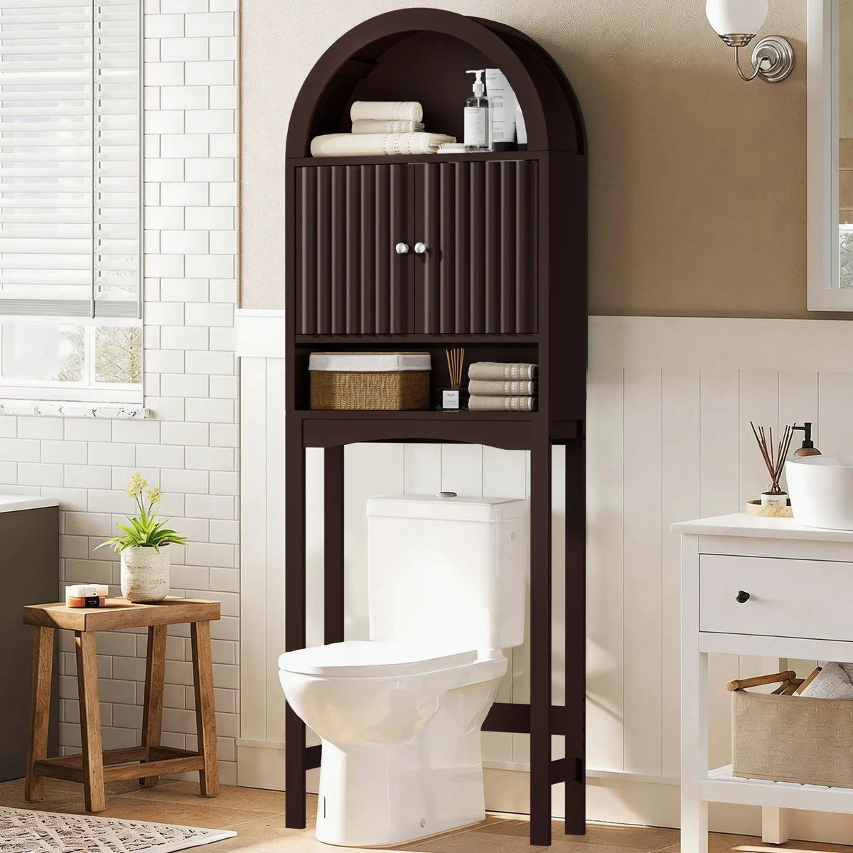 AHB Over-The-Toilet Raised Wall Cabinet - Farmhouse Compact Multifunctional Storage Cabinet with Elegant Arched Design, Adjustable Shelf, Bathroom Storage Organizer,dorm essentials,home decor, #SohoChic