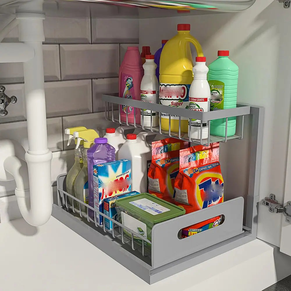 2-Tier L-Shape Steel Pull Out Under Sink Organizer - Anti-Rust, Stable, Tool-Free Slide Out Drawer, 14.2*10.6*11 in, 50 lbs Capacity - For Kitchen Cabinets, Spice Storage, Laundry Room, Bathroom Storage - Ideal Gift for Mothers