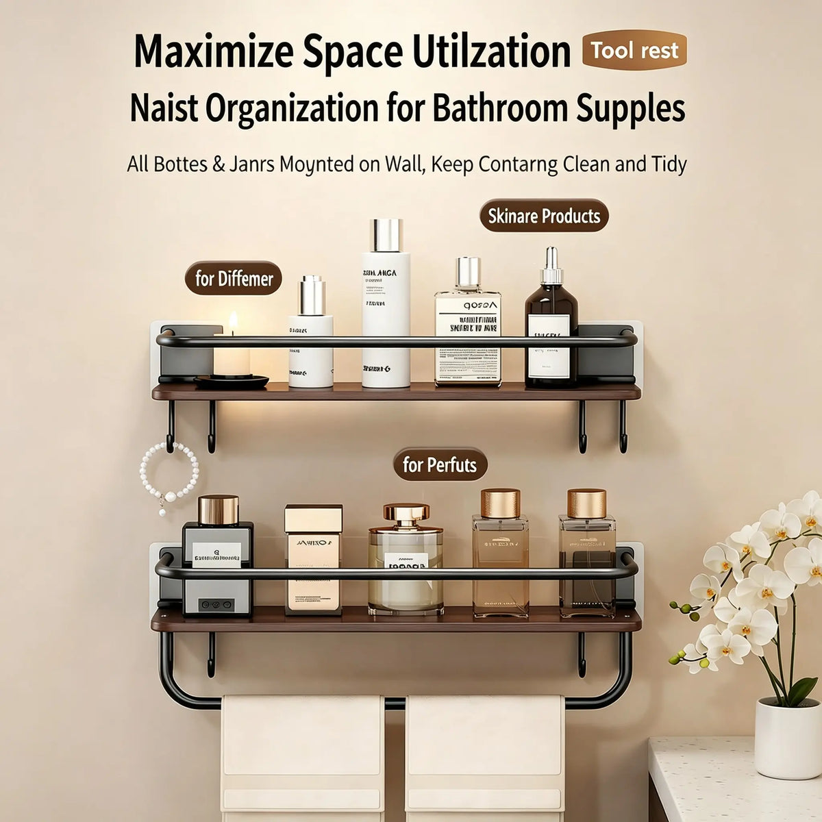 Wall-Mounted Bathroom Shelf, No-Drill Wood Grain Storage Rack, with Hooks for Towels and Toiletries, Space-Saving Organizer