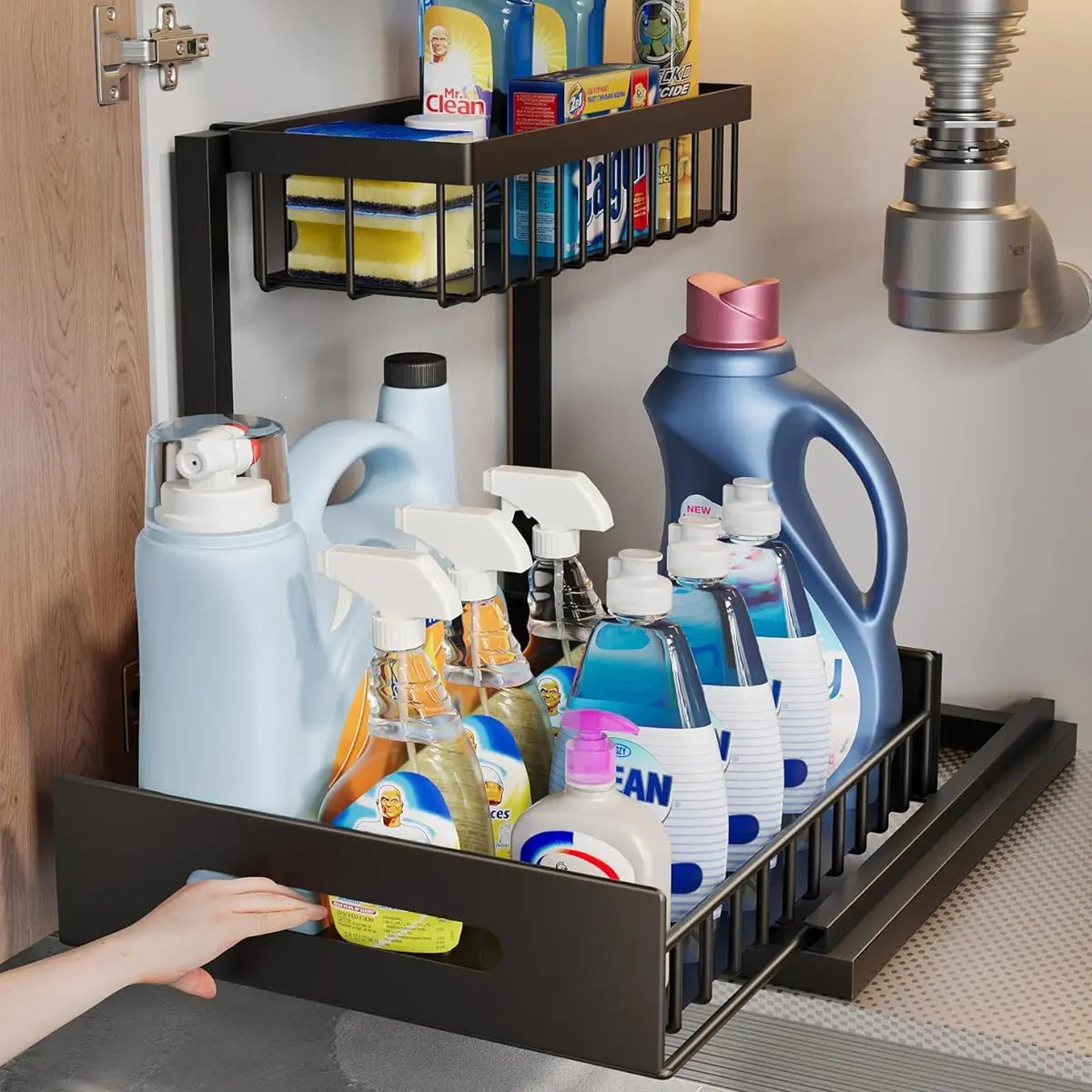 2-Tier L-Shape Steel Pull Out Under Sink Organizer - Anti-Rust, Stable, Tool-Free Slide Out Drawer, 14.2*10.6*11 in, 50 lbs Capacity - For Kitchen Cabinets, Spice Storage, Laundry Room, Bathroom Storage - Ideal Gift for Mothers
