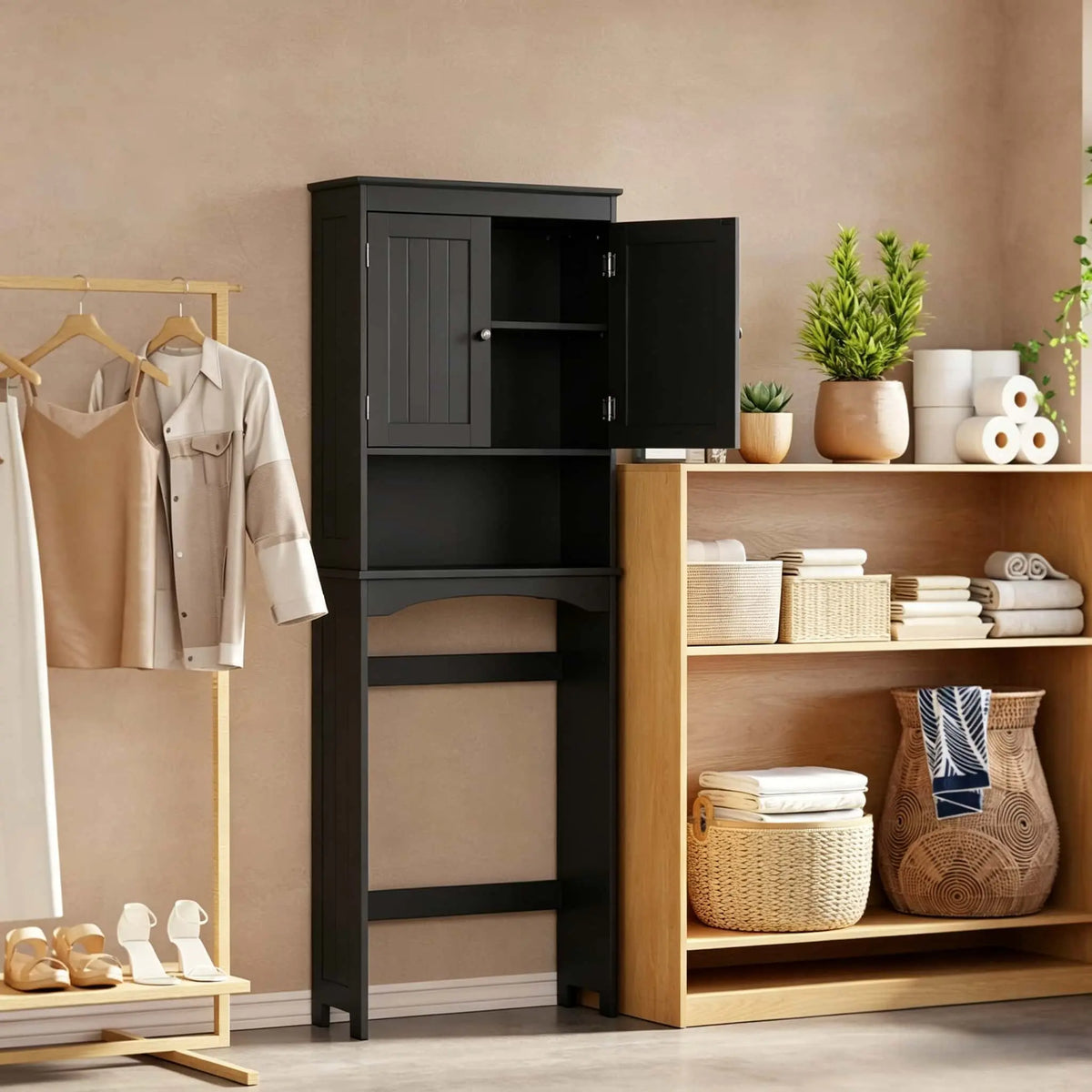 Over-the-Toilet Bathroom Storage Cabinet, Freestanding Space Saver with Double Door Cabinet & Open Shelf, Anti-Tip Organizer Rack for Bathroom, Laundry Room & Washroom, Black/White