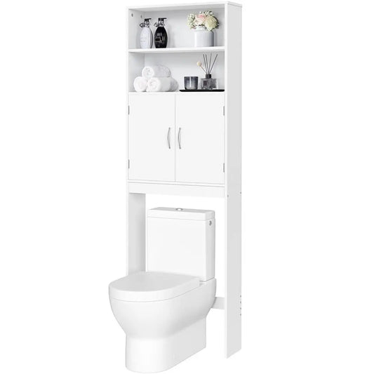 Costoffs 77" Tall Freestanding Over-the-Toilet Apartment Storage Cabinet, Efficient Bath Organizer with Adjustable Shelf, Double Doors to Hide Clutter from View, 2 Open Shelves - White, Easy Setup