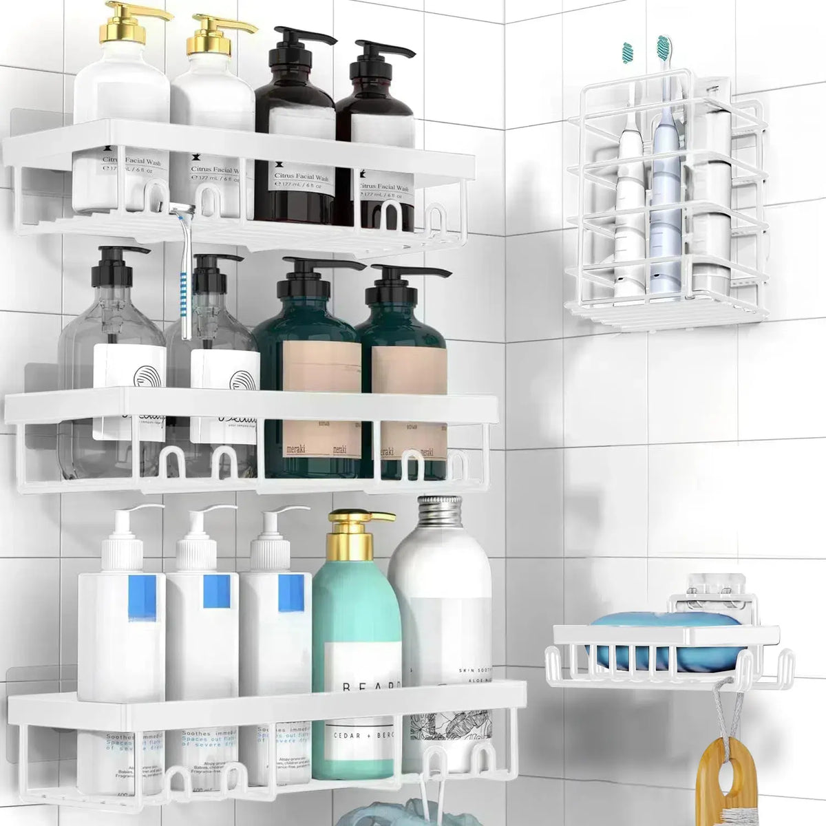 Jabukosu Matte Gold Stainless Steel Bathroom Accessory Sets - 5 & 1 Wall-Mounted Shelf Holders, No-Drill Waterproof Adhesive Organizer Storage for Shampoo, Soap