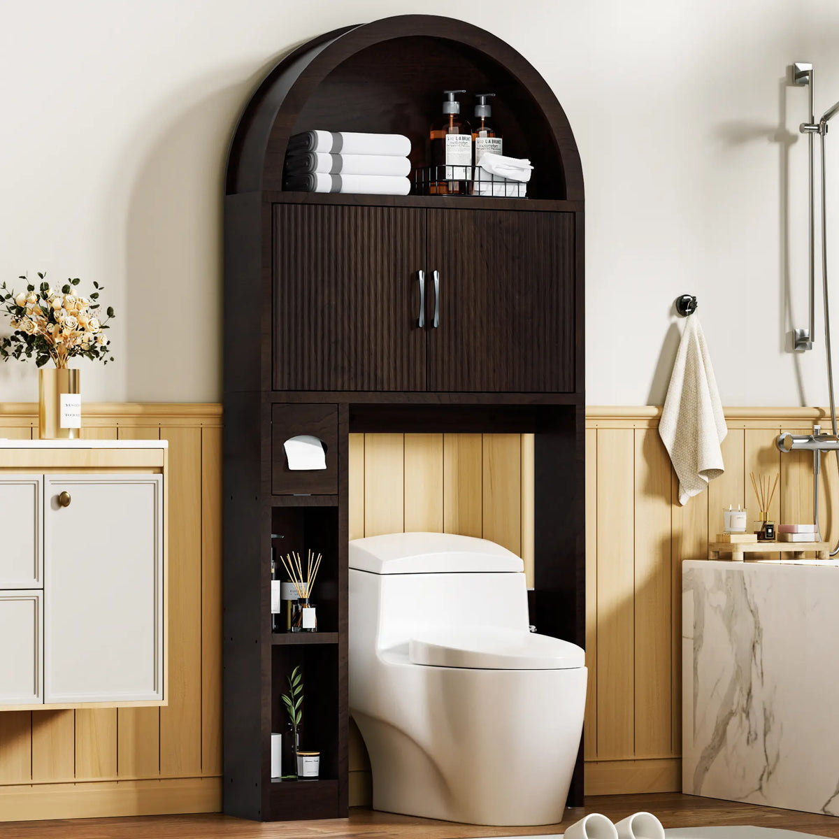 【Super Popular】Dragosum Over The Toilet Storage Cabinet, Arched Cabinet with Doors, Space-Saving Toilet Storage for Bathroom, Laundry, Mini Bar, Free standing Bathroom Organizer with Adjustable Shelf and Anti-Tip Device (Wood),#SohoChic