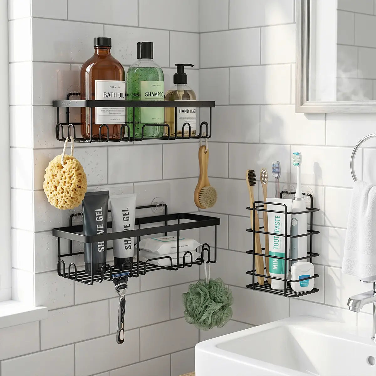 Self-Adhesive Wall Mount Shower Caddy (5/6pcs) - Advanced Rustproof, No-Drill Removable Shelves, Large-Capacity Indoor Wallmount Tidy for Easy Installation, Fits Bathrooms & Kitchens, Bathroom Supplies Storage