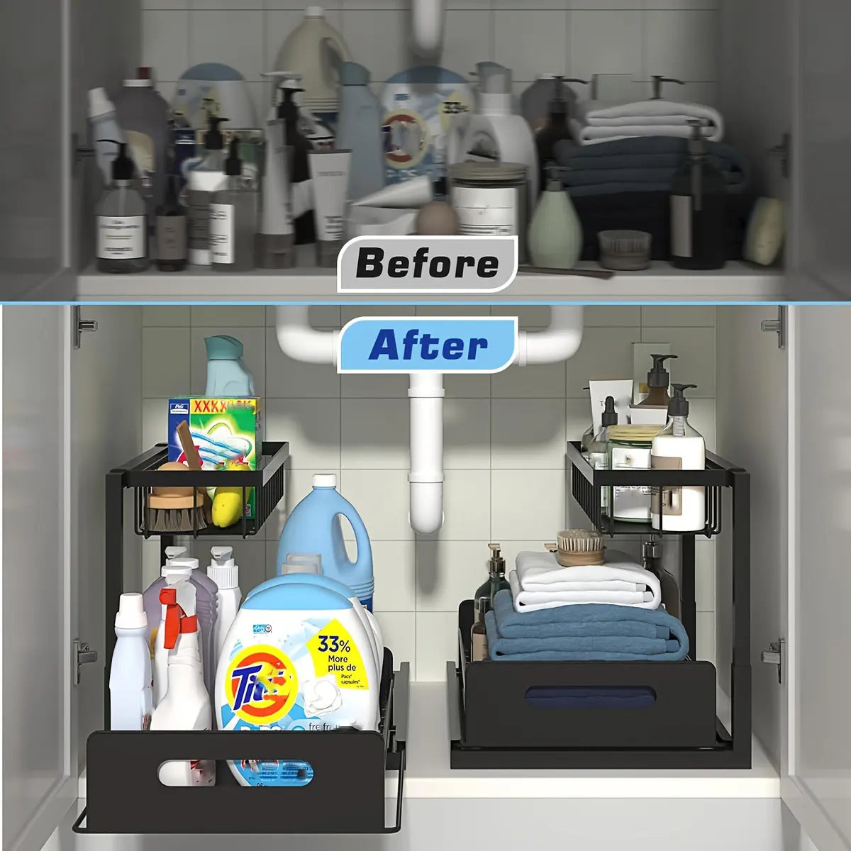 Under Sink Organizer, Pull Out Cabinet Organizer 2 Tier Slide Out Sink Shelf Cabinet Storage Shelves, Under Sink Storage for Kitchen Bathroom Cabine