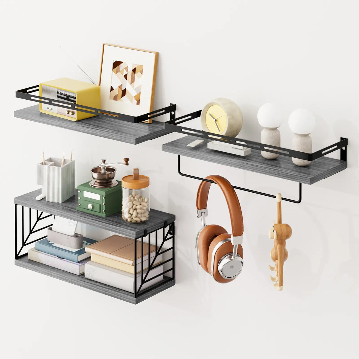 Fixwal Floating Shelves Wall Mounted Set - Bathroom & Bedroom Decor, with Black Metal Brackets, Toilet Paper Holder, Towel Bar & Hooks, sohochic style