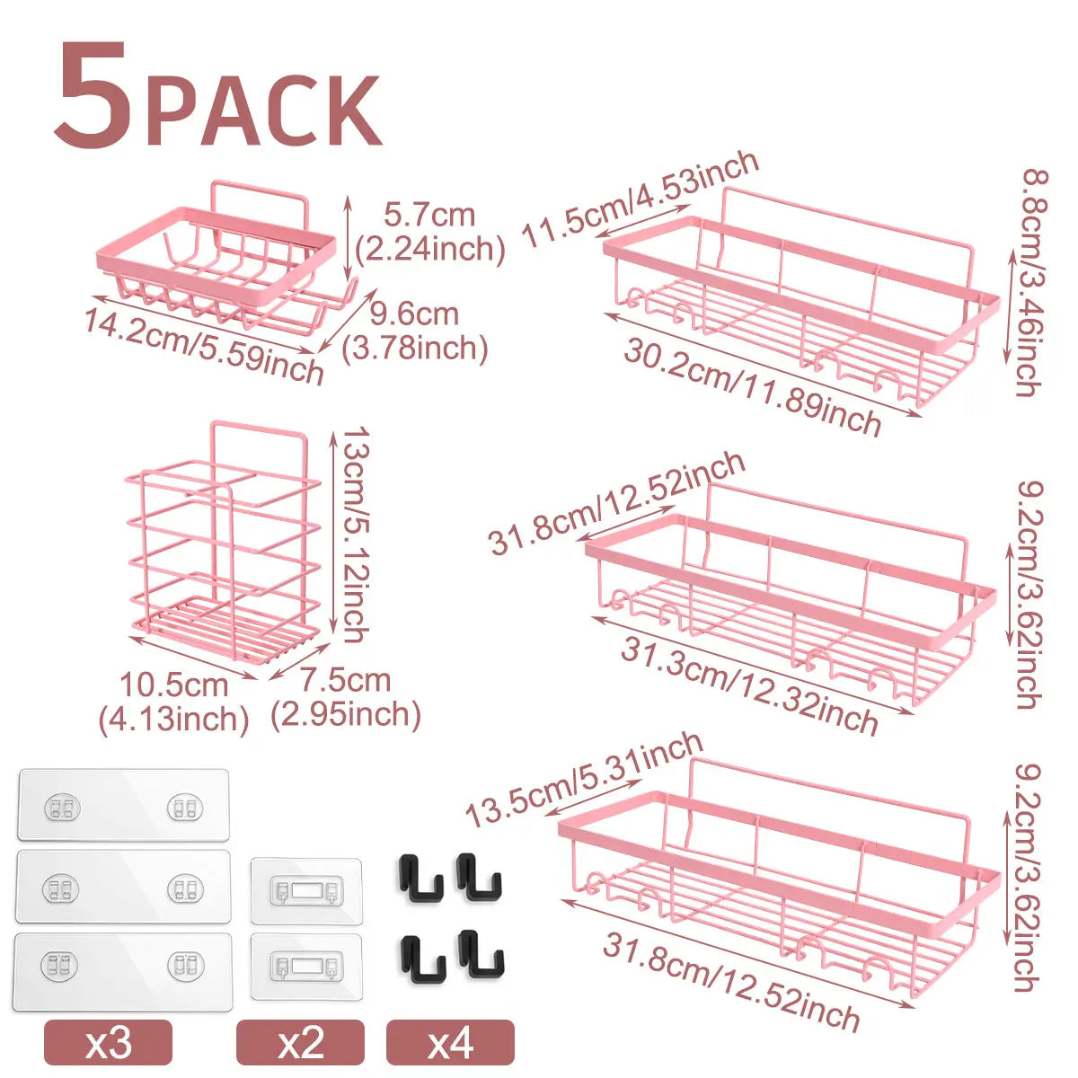 Self-Adhesive Wall Mount Shower Caddy (5/6pcs) - Advanced Rustproof, No-Drill Removable Shelves, Large-Capacity Indoor Wallmount Tidy for Easy Installation, Fits Bathrooms & Kitchens, Bathroom Supplies Storage