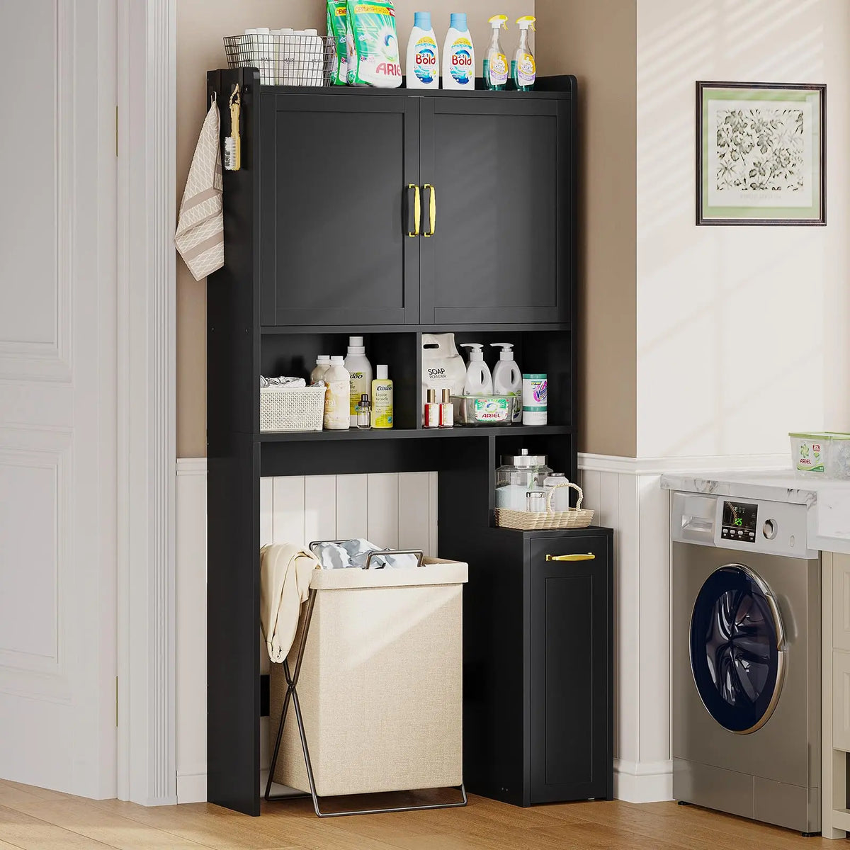 Over The Toilet Storage Cabinet with Pulley Bathroom Storage Cabinet, Space Saver W/Adjustable Shelf & Open Shelf for Bathroom, Restroom, Laundry (Black)