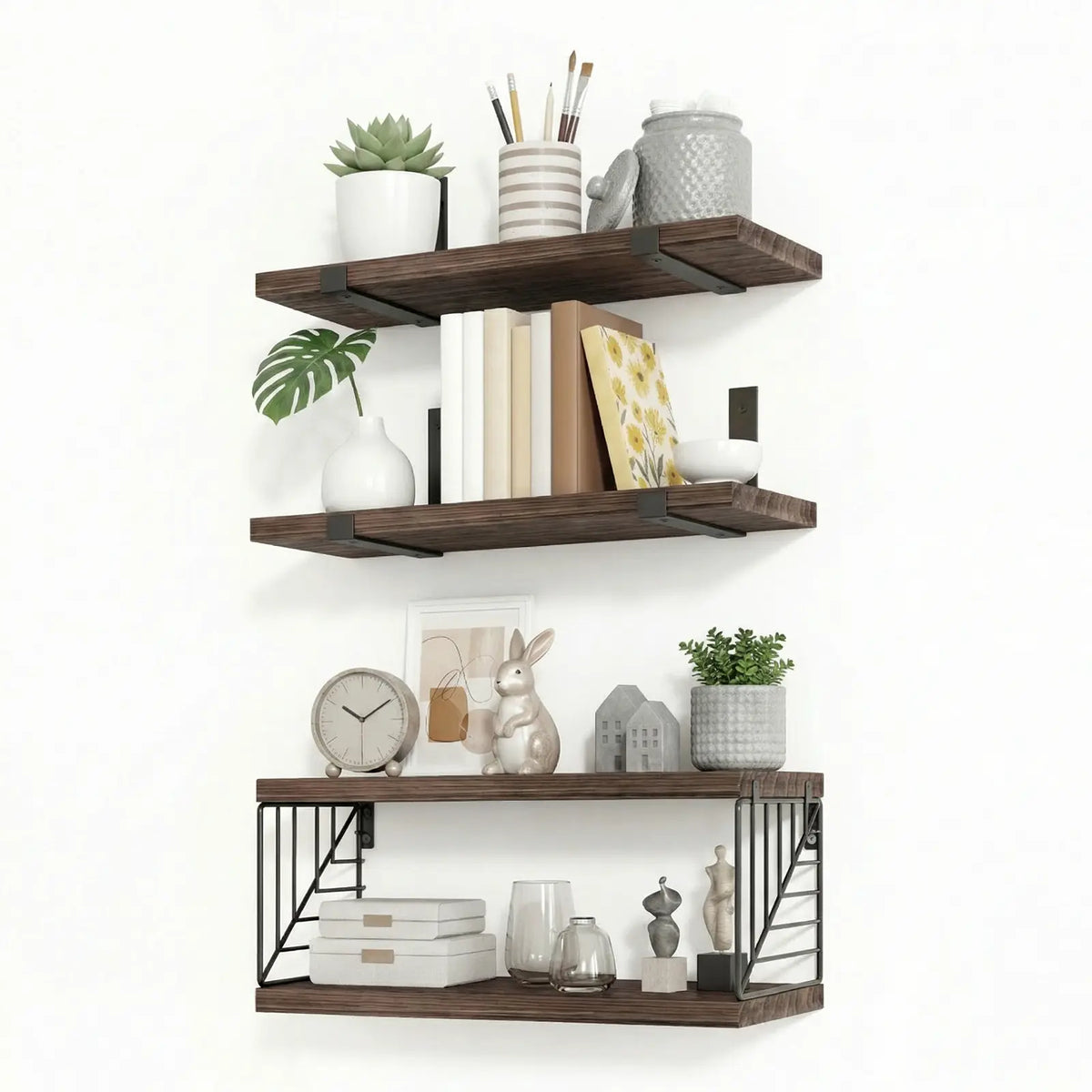 Fixwal Floating Shelves Wall Mounted Set - Bathroom & Bedroom Decor, with Black Metal Brackets, Toilet Paper Holder, Towel Bar & Hooks, sohochic style