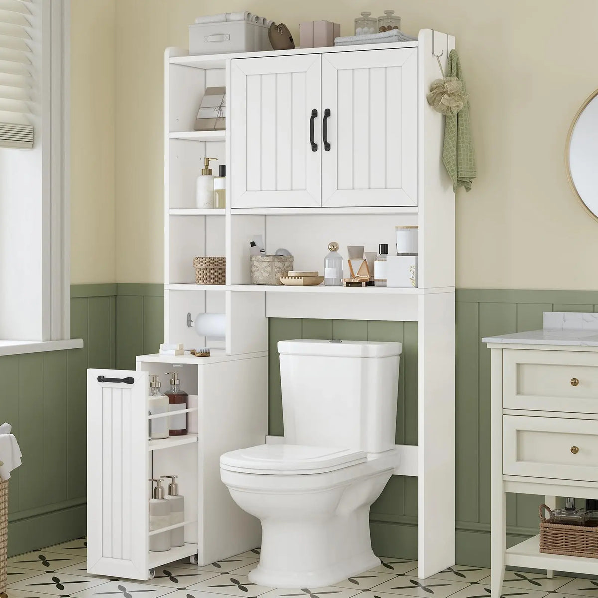 Over The Toilet Storage Cabinet with Pulley, Bathroom Storage Cabine with Adjustable Shelf and Open Shelf, Space-Saving Toilet Rack for Bathroom, Restroom, Laundry, White