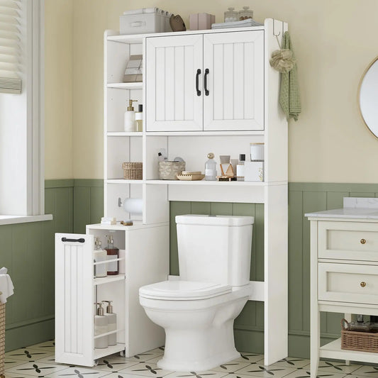 Over The Toilet Storage Cabinet with Pulley, Bathroom Storage Cabine with Adjustable Shelf and Open Shelf, Space-Saving Toilet Rack for Bathroom, Restroom, Laundry, White
