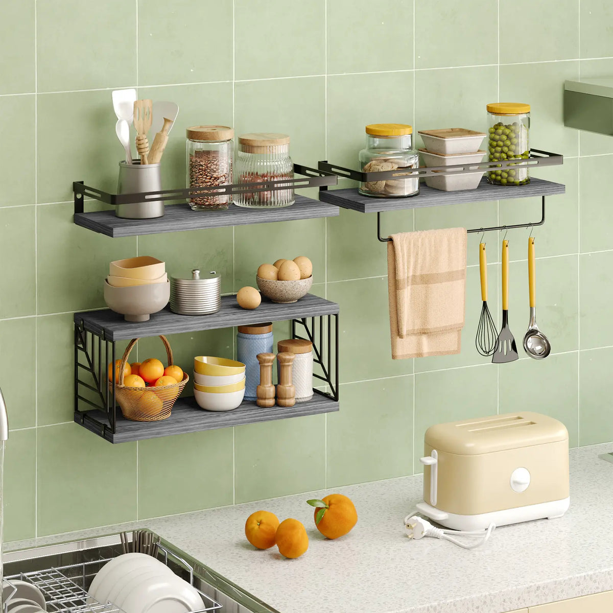 Fixwal Floating Shelves Wall Mounted Set - Bathroom & Bedroom Decor, with Black Metal Brackets, Toilet Paper Holder, Towel Bar & Hooks, sohochic style