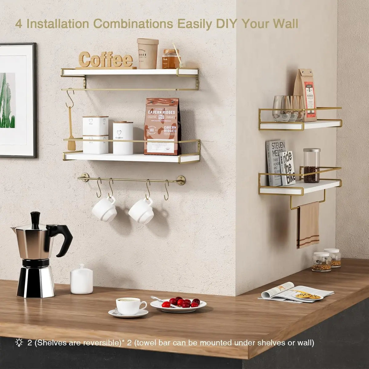 Floating Bathroom Shelves Wall Mounted, Aesthetic White and Gold Shelves for Bathroom Accessories, Modern Bathroom Organizer with Tower Bar for Wall Decor Storage Small Spaces, Set of 2