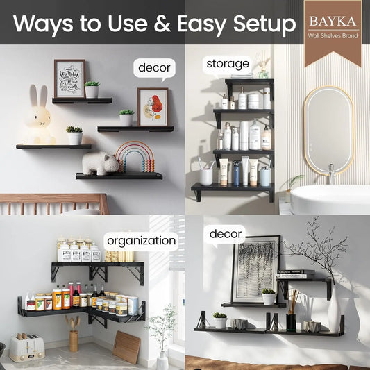 BAYKA Wall Mounted Floating Bathroom Shelves, Wood Wall Shelf for Bathroom Essentials & Decor, Space-Saving Display & Organizer