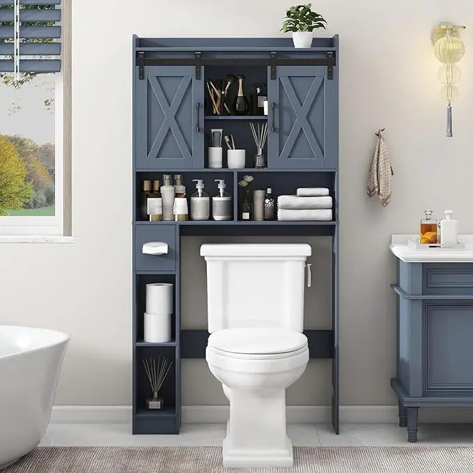 [SohoChic] Vabches Farmhouse Over-The-Toilet Wood Storage Cabinet with Sliding Doors, Adjustable Shelves, Space-Saving Rack for Bathroom Toiletries & Decor