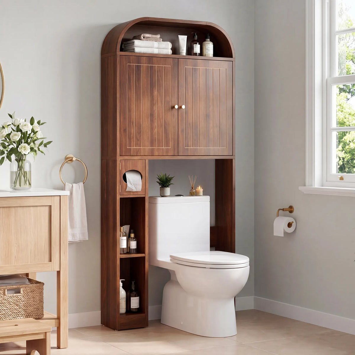 Giratree Arched Over The Toilet Storage Cabinet - 67" Tall Bathroom Above Toilet Organizer with Vertical Grooved Doors & Tissue Drawer - Freestanding Space Saver Rack, Anti-Toppling