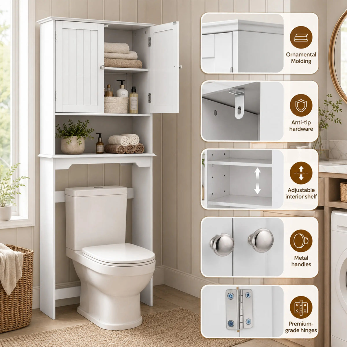 Over the Toilet Storage Cabinet, Bathroom Storage Cabinet Over Toilet with Double Doors and Adjustable Shelf, Freestanding Toilet Rack for Bathroom