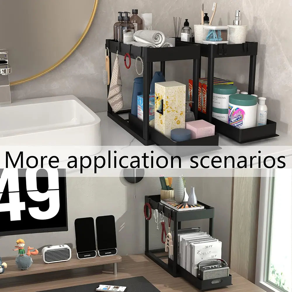 2Pack 2-Tier Under Sink Organizers with Sliding Drawers ,Multi-use Kitchen & Bathroom Storage, Black Cabinet Organizer, Space-saving Sliding Drawer Design