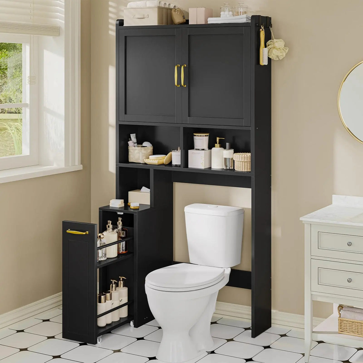Over The Toilet Storage Cabinet with Pulley Bathroom Storage Cabinet, Space Saver W/Adjustable Shelf & Open Shelf for Bathroom, Restroom, Laundry (Black)