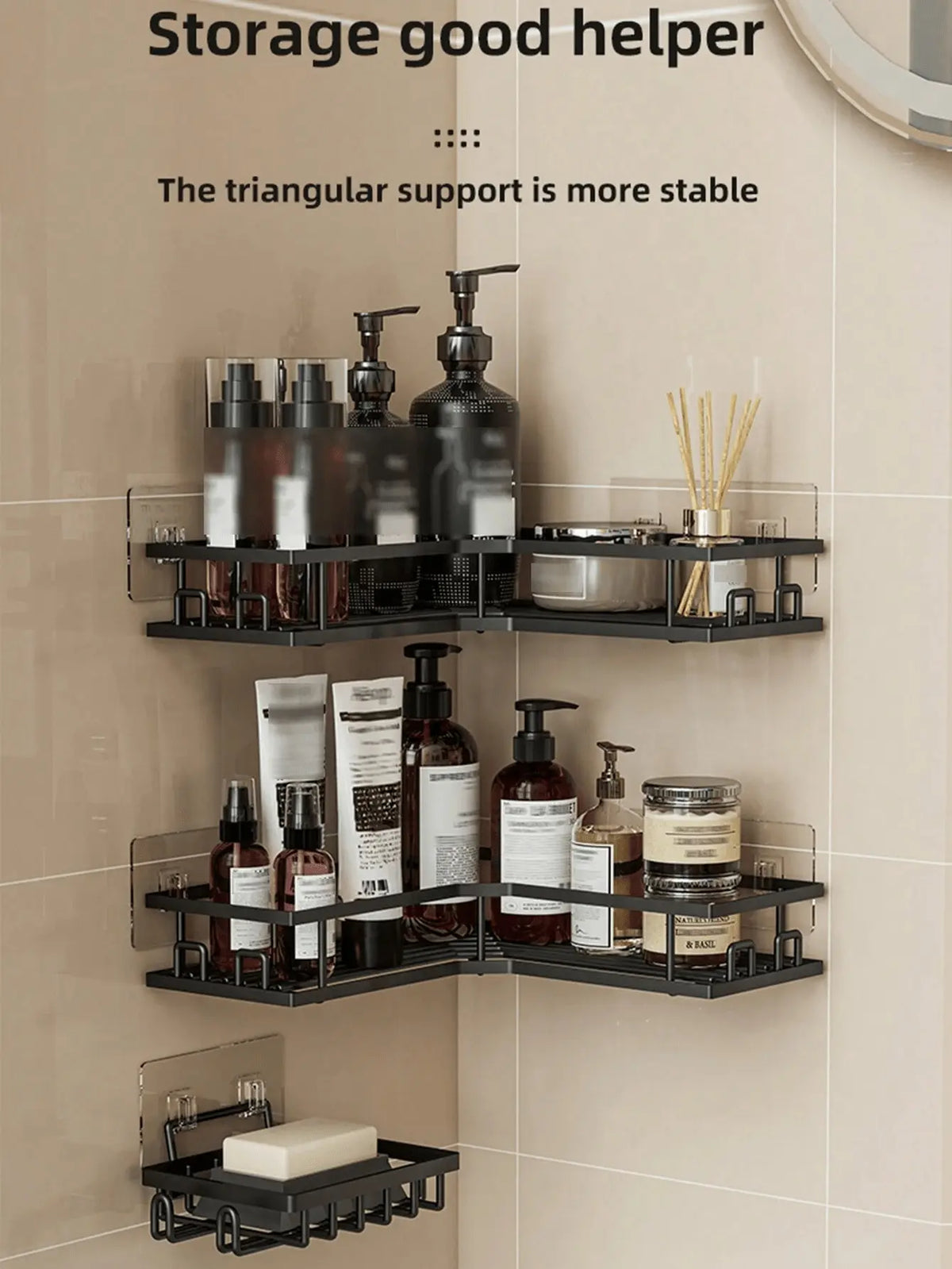 Stainless Steel Shower Caddy Organizer Set (3/5 Pack) - No-Drill Adhesive Wall-Mount Bathroom Accessory Set with Shelves, Soap Holder, Hooks - Rustproof, Durable Home Storage Solution