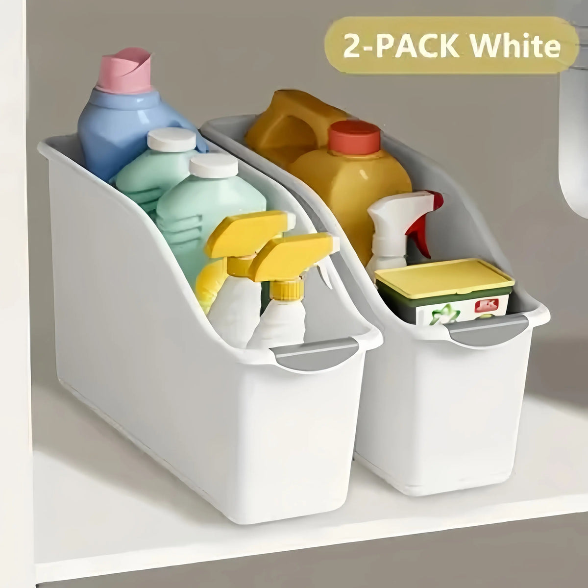 2 arc-shaped storage boxes, heavy-duty plastic organizer, white space-saving container, under-sink food cabinet storage, cleaning supplies, household essentials, kitchen and bathroom storage, no installation required