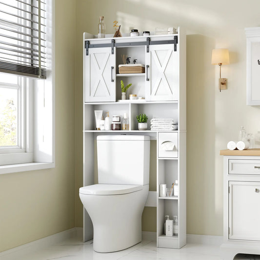 [SohoChic] Vabches Farmhouse Over-The-Toilet Wood Storage Cabinet with Sliding Doors, Adjustable Shelves, Space-Saving Rack for Bathroom Toiletries & Decor