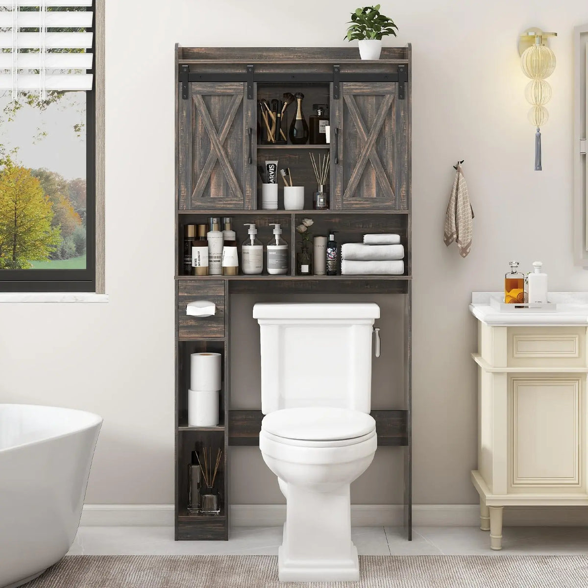 [SohoChic] Vabches Farmhouse Over-The-Toilet Wood Storage Cabinet with Sliding Doors, Adjustable Shelves, Space-Saving Rack for Bathroom Toiletries & Decor
