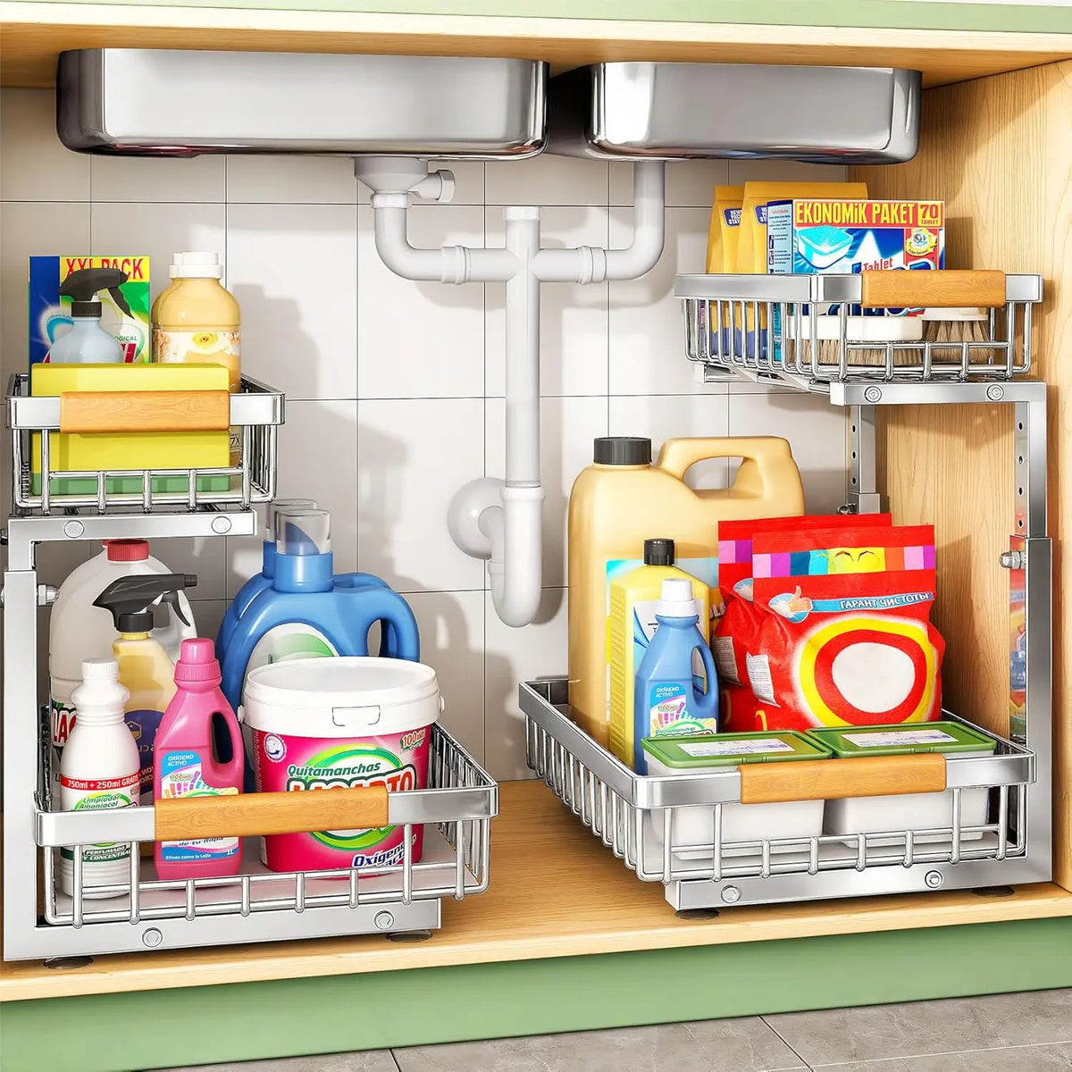 Kitstorack Adjustable 2-Tier Steel Under Sink Organizer, Slide-Out Pull-Out Cabinet Shelf Drawer, Kitchen Accessories for Bathroom Pantry Closet Organization
