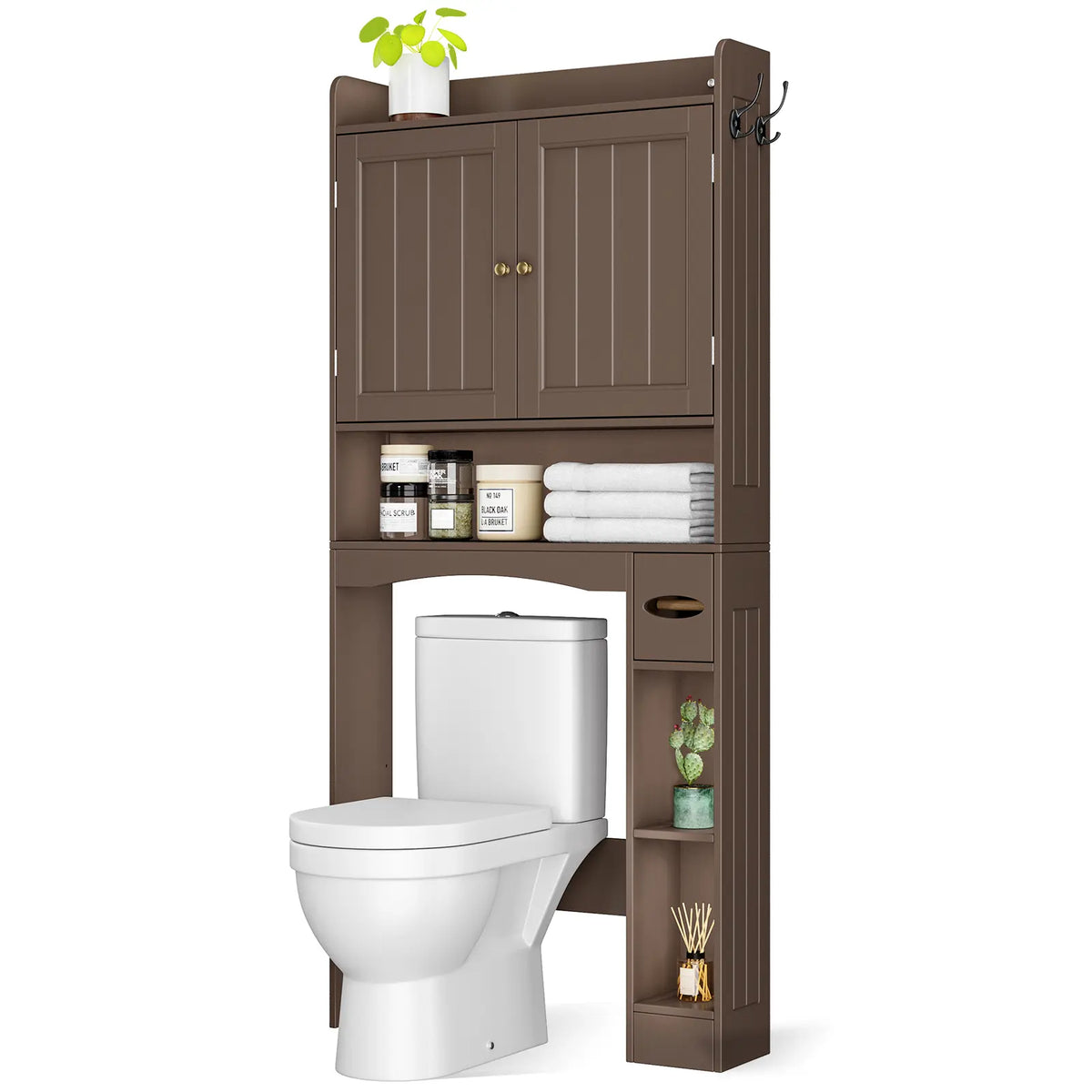 Gizoon Over-The-Toilet Storage Cabinet (32.3" W) - Bathroom Organizer, Small-Bath Fit Cabinet Furniture with Doors, Adjustable Shelves, Dry Tissue Box, 2 Side Hooks, Compact Space-Saving Design, Floor-Space Freeing White Bathroom Upgrade
