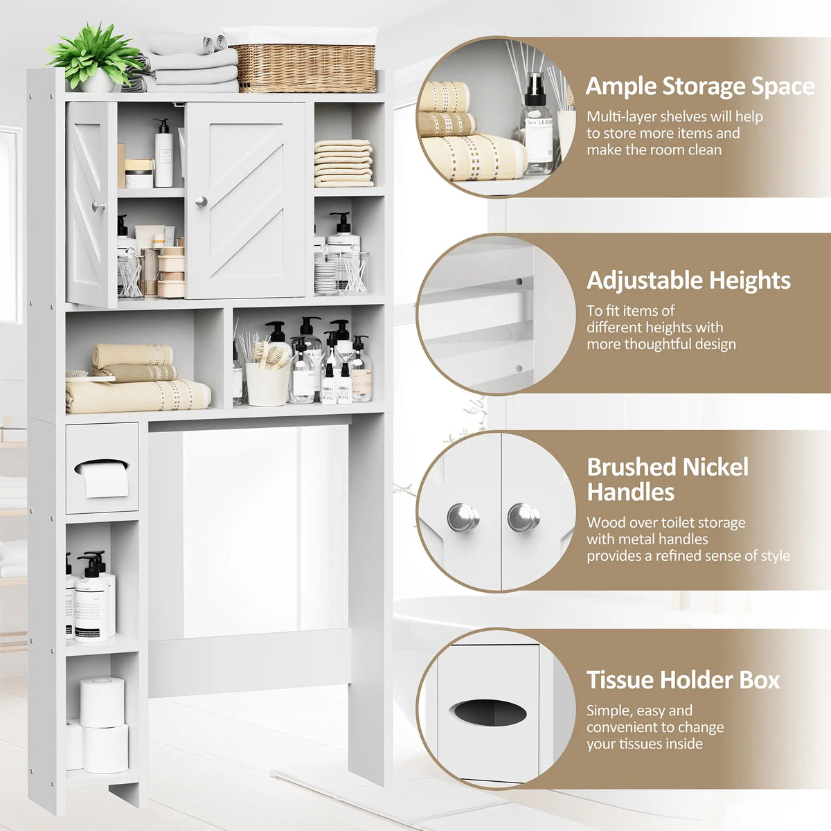 Walsunny Over The Toilet Storage Cabinet, Farmhouse Storage Cabinet with 2 Barn Door & Toilet Paper Holder Stand, Toilet Rack for Bathroom, Laundry Furniture Organizer