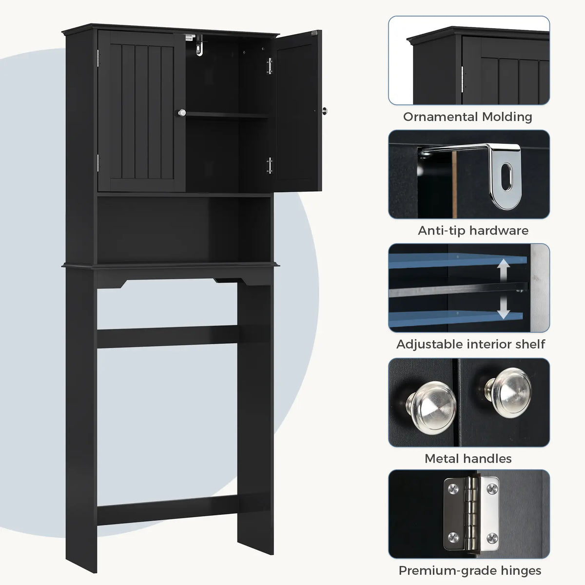 Over-the-Toilet Bathroom Storage Cabinet, Freestanding Space Saver with Double Door Cabinet & Open Shelf, Anti-Tip Organizer Rack for Bathroom, Laundry Room & Washroom, Black/White