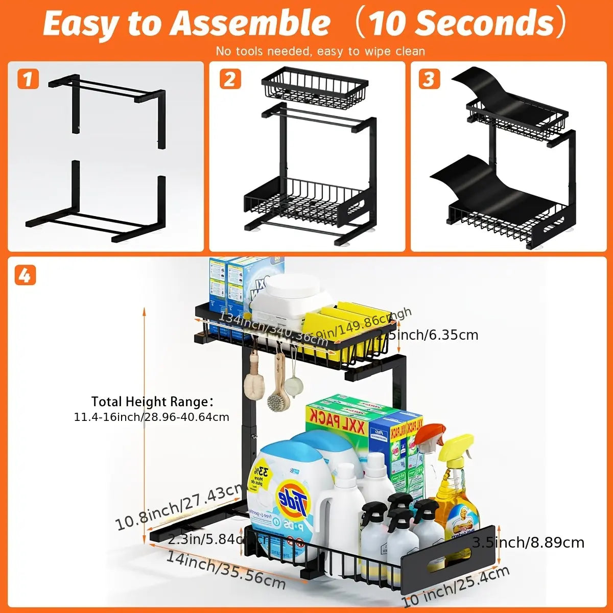 2 Pack Under Sink Organizer, Metal Under Sink Storage Rack with Sliding Drawer, Multi-purpose Holder for Kitchen & Bathroom