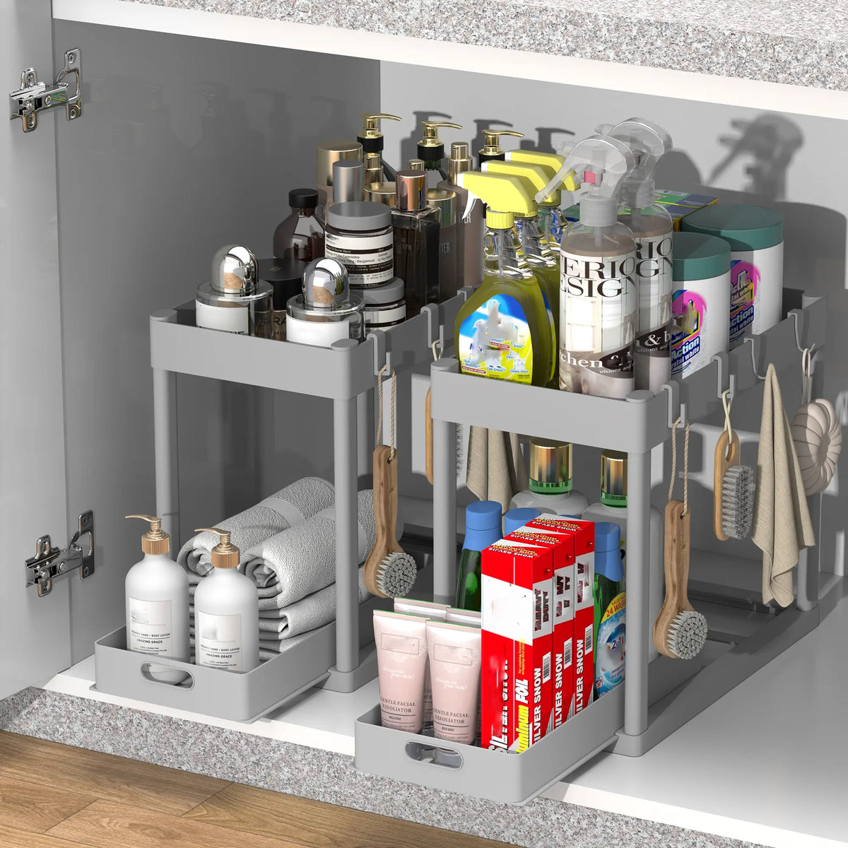 2Pack 2-Tier Under Sink Organizers with Sliding Drawers ,Multi-use Kitchen & Bathroom Storage, Black Cabinet Organizer, Space-saving Sliding Drawer Design