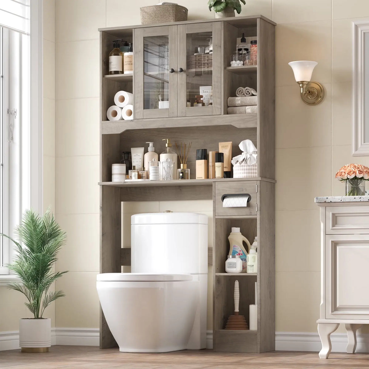 FOTOSOK Over The Toilet Storage Cabinet with Glass Doors & Built-in Tissue Holder, Space-Saving Bathroom Organizer Shelf for Bathroom and Laundry Room