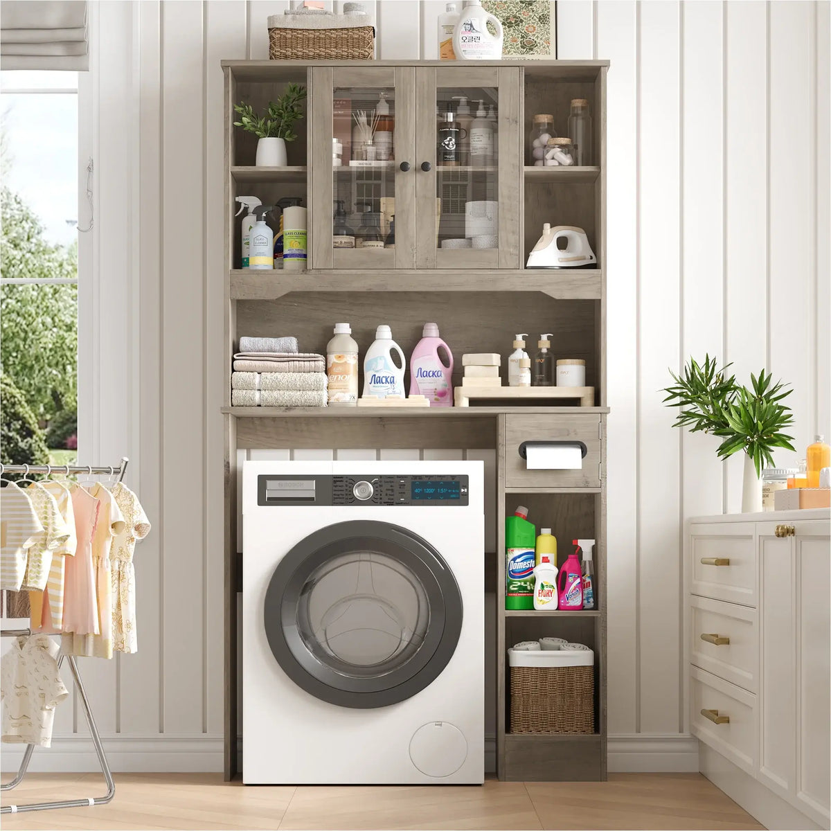 FOTOSOK Over The Toilet Storage Cabinet with Glass Doors & Built-in Tissue Holder, Space-Saving Bathroom Organizer Shelf for Bathroom and Laundry Room