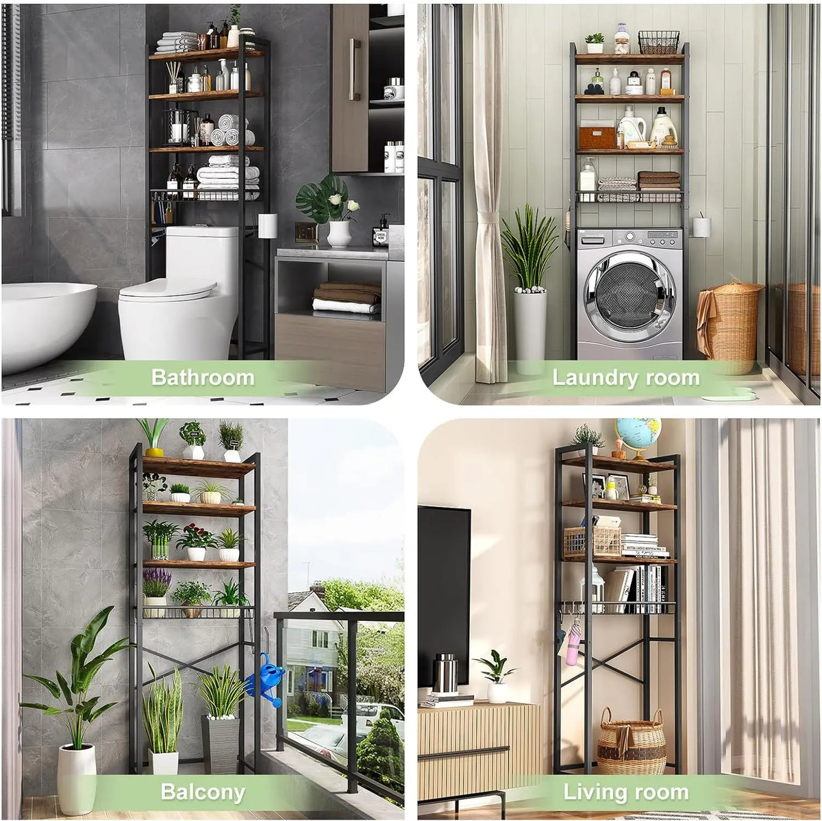 3-Tier/4-Tier Rectangle Over-The-Toilet Space Saver Rack for Apartment, Bathroom Accessory with Adjustable Shelf, Basket, 3 Towel & Toiletry Hooks for Storage Organization, Toilet Storage