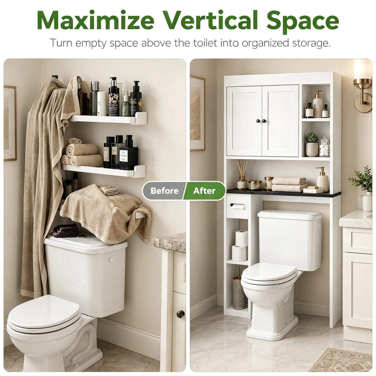 Over-the-Toilet Storage Cabinet, Freestanding Bathroom Organizer with Double Doors, Open Shelves, Adjustable Shelf & Toilet Paper Holder, White