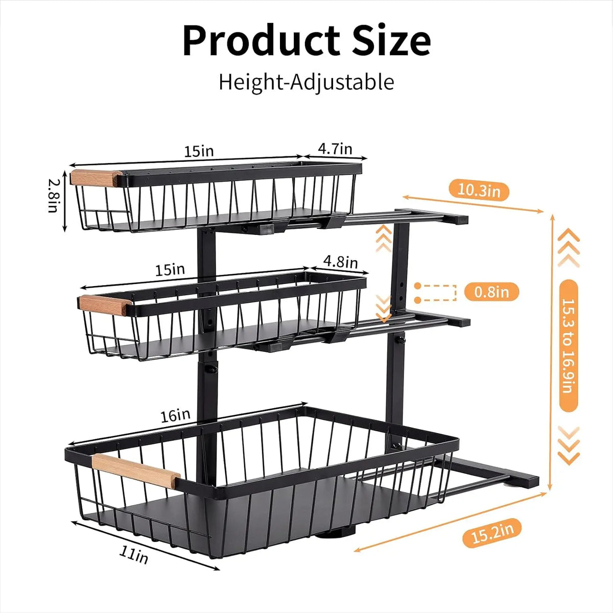 3 Tier Grid Pull Out Under Sink Organizer Black 1 Pack | Heavy duty grid pull out organizer with reinforced structure for storing cleaning supplies under sink and cabinet spaces