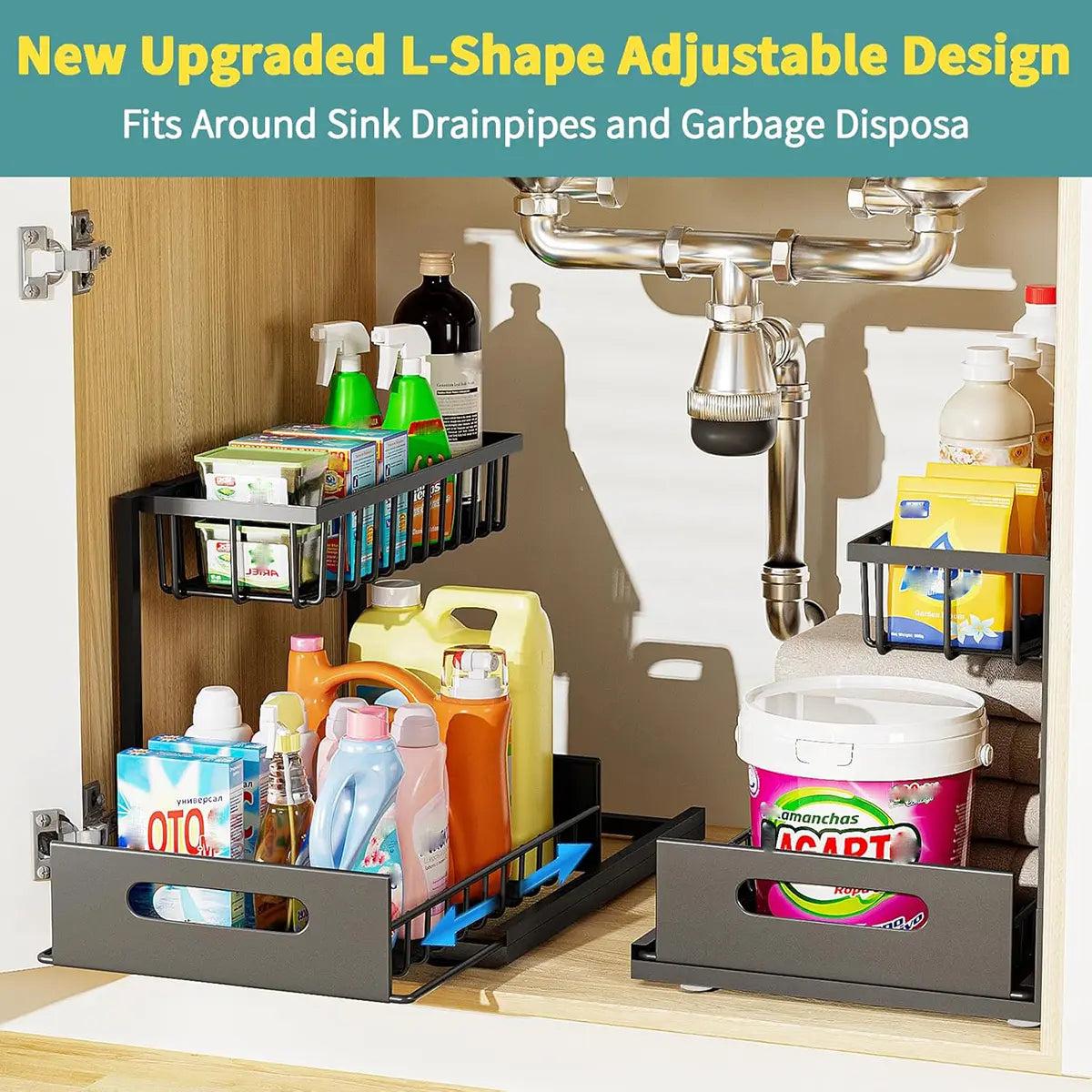Under Sink Organizer, Pull Out Cabinet Organizer 2 Tier Slide Out Sink Shelf Cabinet Storage Shelves, Under Sink Storage for Kitchen Bathroom Cabine