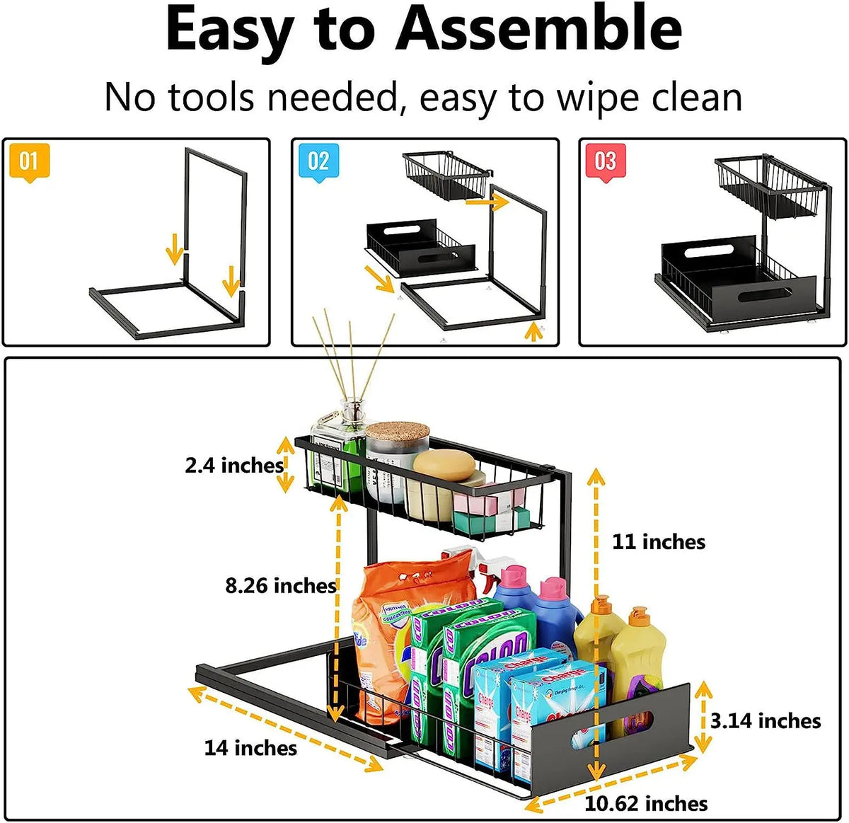 2-Tier L-Shape Steel Pull Out Under Sink Organizer - Anti-Rust, Stable, Tool-Free Slide Out Drawer, 14.2*10.6*11 in, 50 lbs Capacity - For Kitchen Cabinets, Spice Storage, Laundry Room, Bathroom Storage - Ideal Gift for Mothers