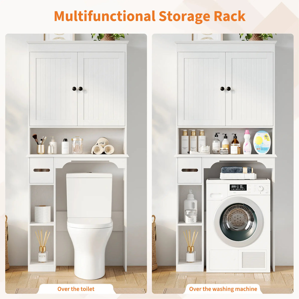 Garvee 66''H Over The Toilet Storage Cabinet, Farmhouse Storage Cabinet with 2 Barn Door & Toilet Paper Holder Stand, Toilet Rack for Bathroom, Laundry Furniture Organizer, White