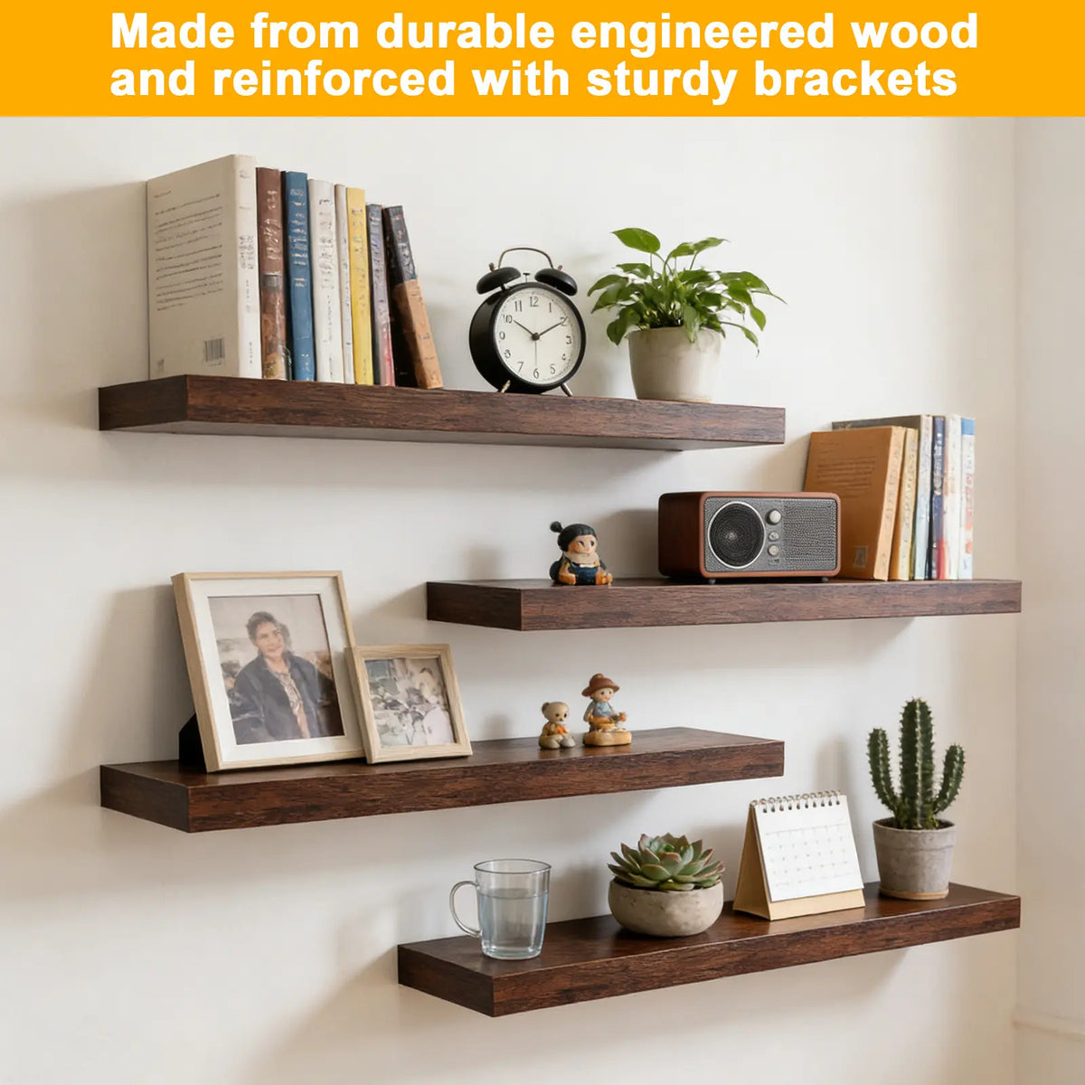 4-Piece Rustic Floating Wall Organizer Shelves - Over Toilet Bathroom Storage, Bedroom Living Room Decor Display Racks, Wall Organizer Shelf