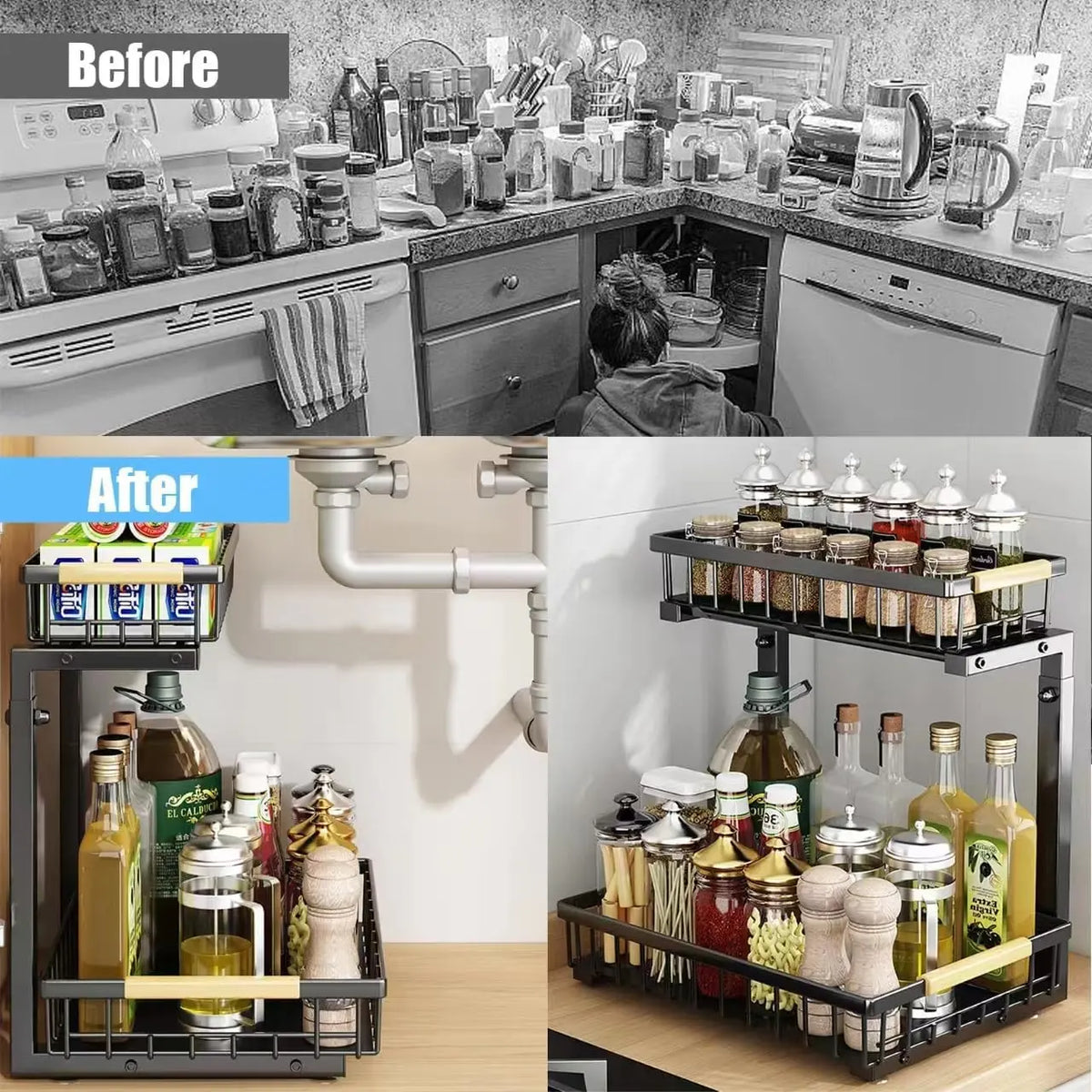 Under Sink Organizer, Height Adjustable Under Sink Organizers and Storage, 2 Tier Pull Out Drawer Cabinet Organizer for Kitchen Bathroom