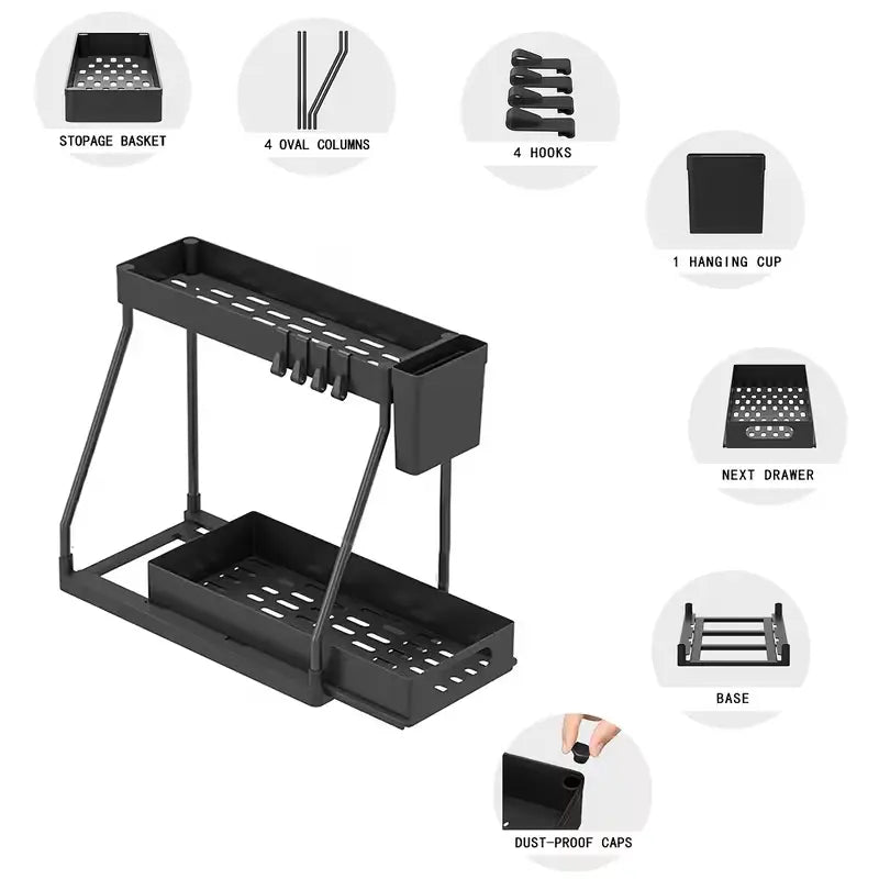 2pcs Under Sink Organizer with Sliding Pull-Out Shelves - Durable Dual-Layer Adjustable Dish Drainer Rack, Space-Saving Home Storage Solution for Bathroom & Kitchen, Sleek Design, prettyisms Trinket Box Compatibility