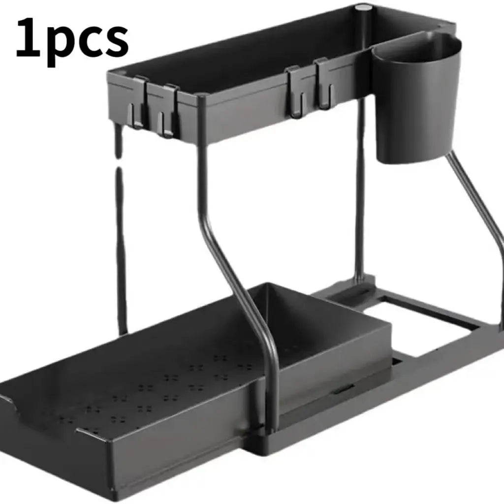 2pcs Under Sink Organizer with Sliding Pull-Out Shelves - Durable Dual-Layer Adjustable Dish Drainer Rack, Space-Saving Home Storage Solution for Bathroom & Kitchen, Sleek Design, prettyisms Trinket Box Compatibility